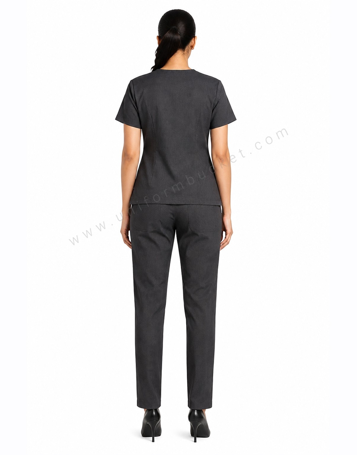 DARK GREY FEMALE SCRUB SUIT WITH TWO CUT POCKET ON BOTTOM  thumbnail 3